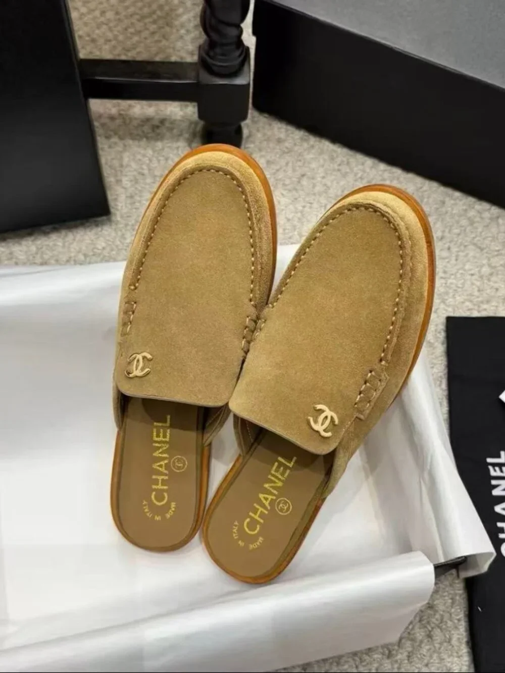 Chanel Khaki Suede Double C Slip On Mule Loafers